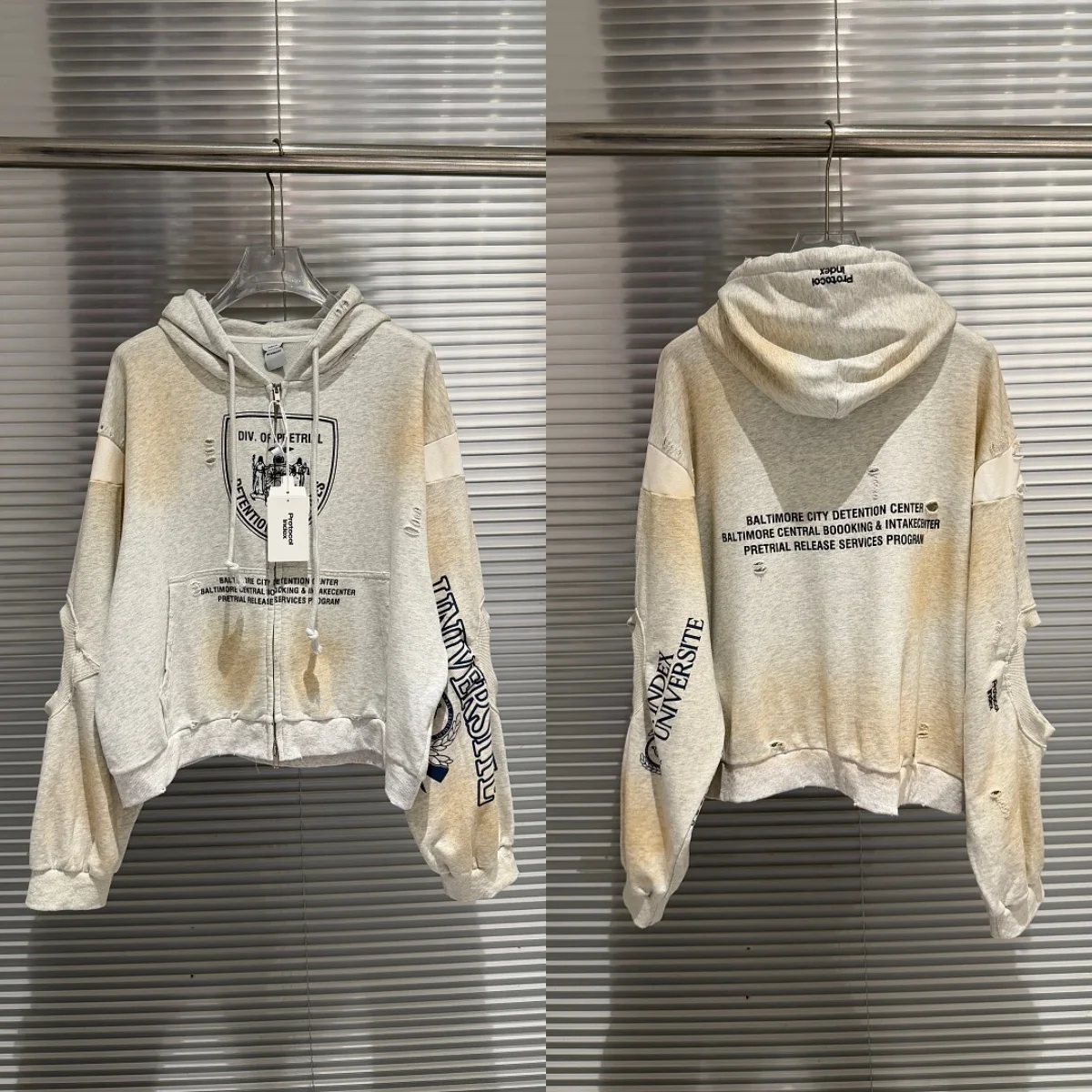 Distressed Washed Zip Up Hoodie Men Patchwork Spliced Sleeve Cropped Hooded Jacket Streetwear Oversized Frayed Sweatshirts