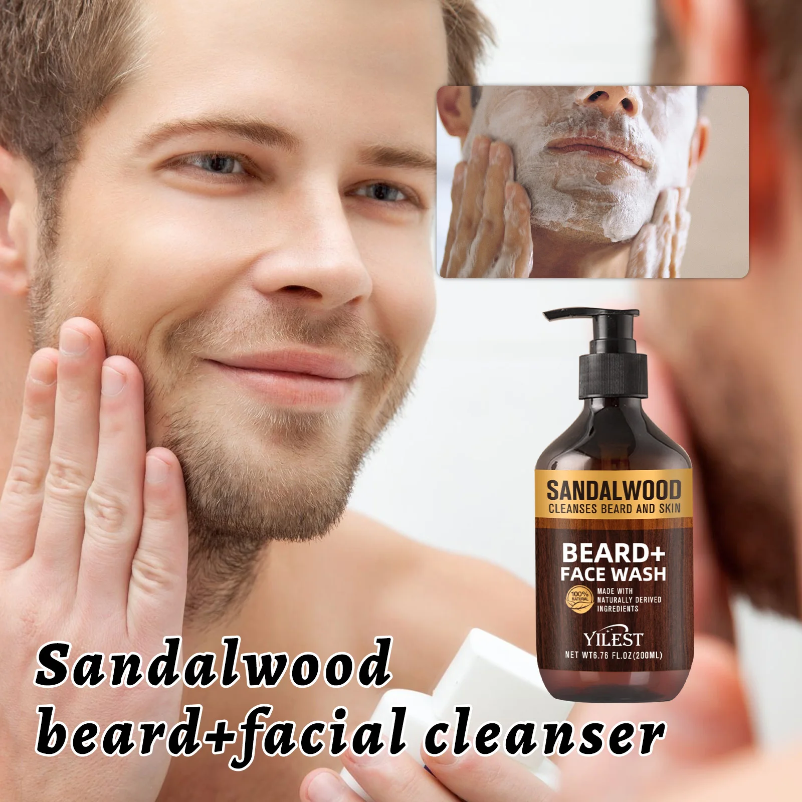 Nettoyant naturel pour barbe et visage en bois de santal pour hommes, 200ml, pour soins de la peau, nettoyage en profondeur, mousse pour le visage avec huile d'aloe vera et d'orange