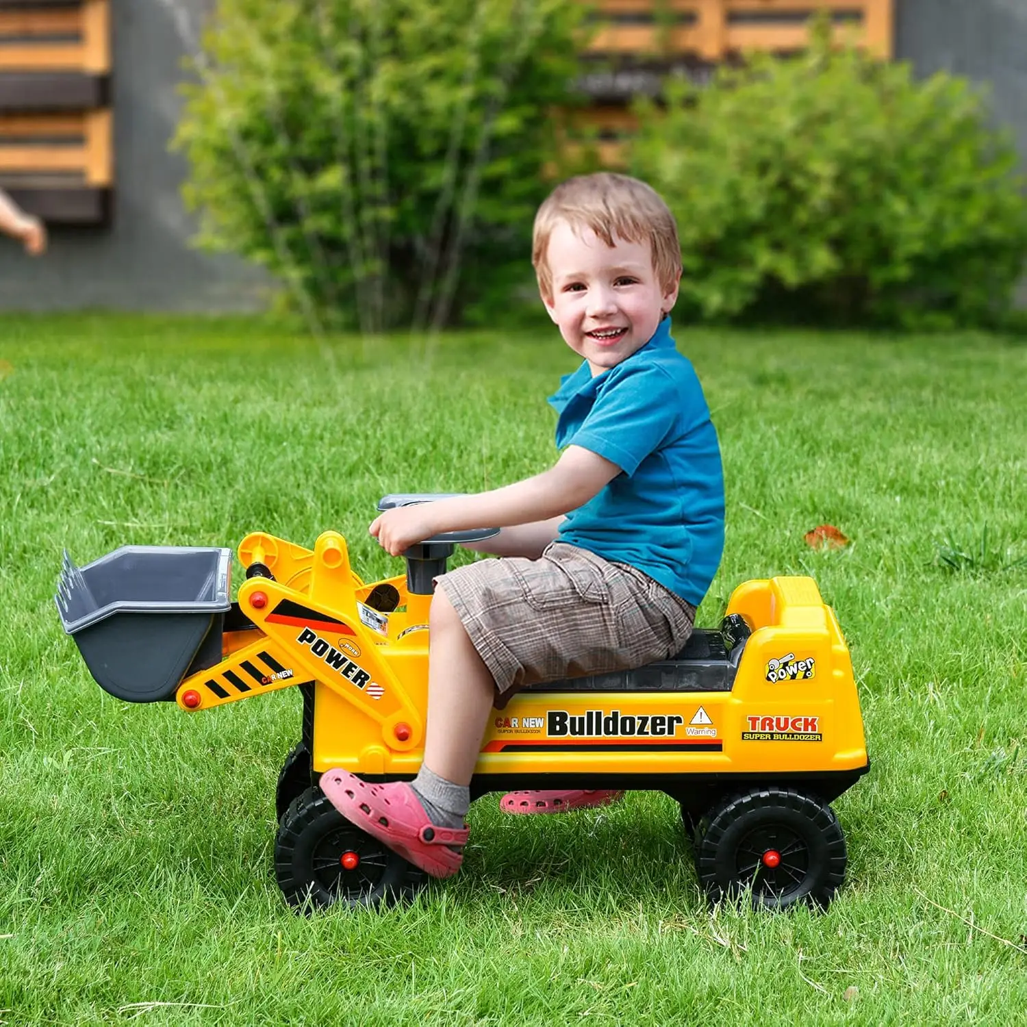 Brinquedo infantil bulldozer para crianças pequenas com rodas resistentes, brinquedo de construção ao ar livre com balde de escavação controlável, amarelo