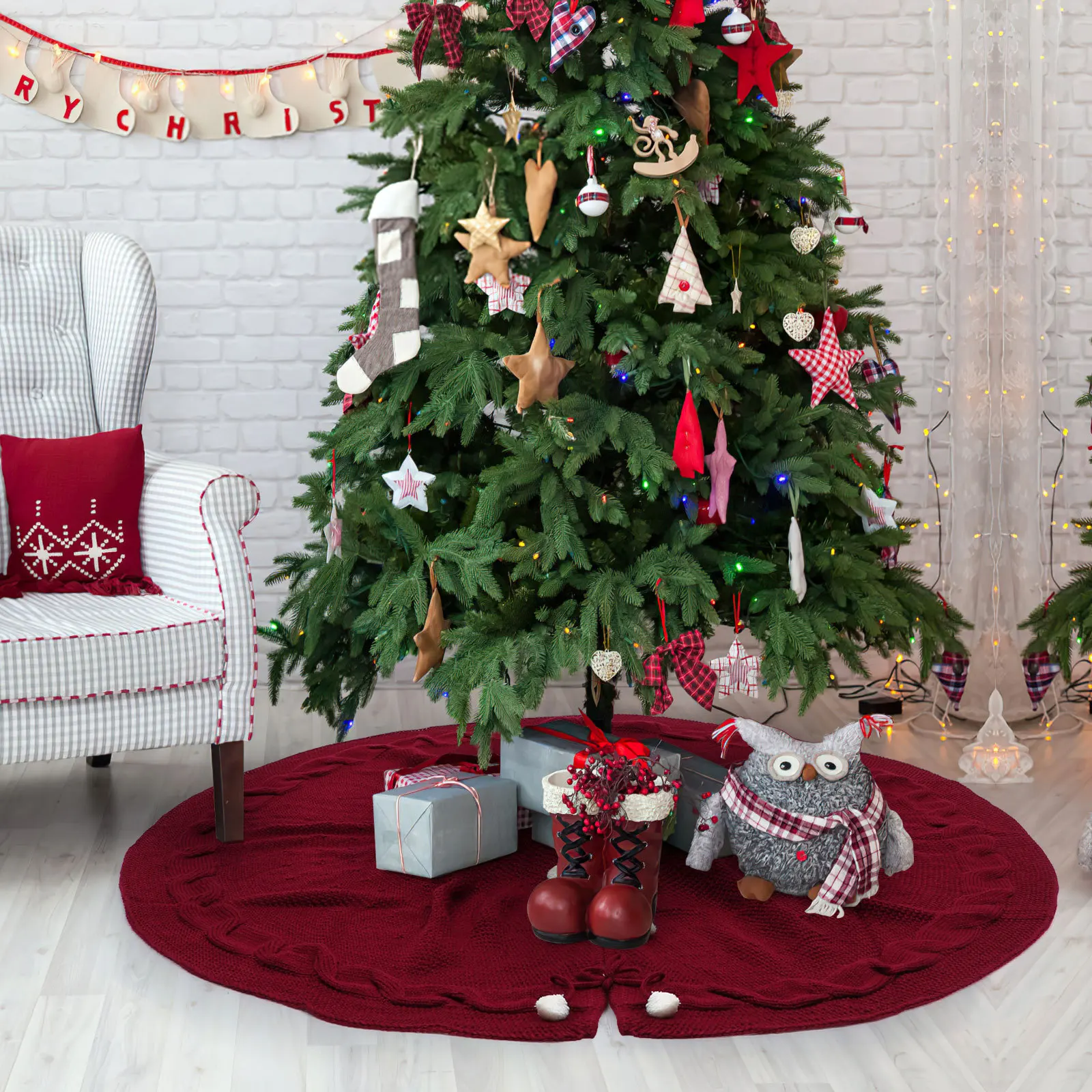 

1pc Christmas Tree Skirt Wool Decor Holiday Xmas Decoration Colorful Knitted Rug Apron for Festival Home
