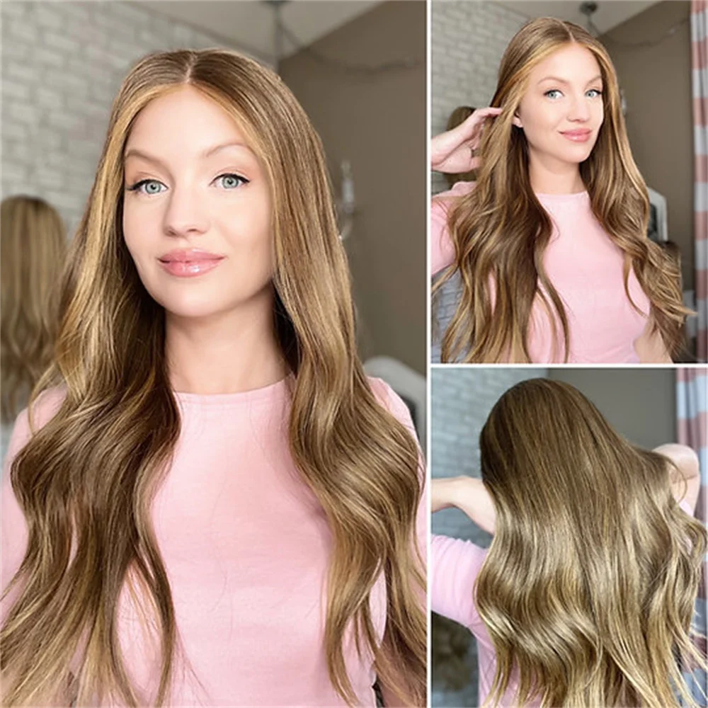 

Heat Safe Fibre Synthetic Lace Front Wig Brown Blonde Highlights 26" Bouncy Wavy Wig For Women Realistic Look Free Part Wig