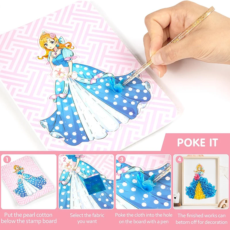 Creative Princess Puzzle Puncture Painting Board with Pens Fabric Craft Kits for Kids Poking Drawing Dress Up Boards DIY Toys