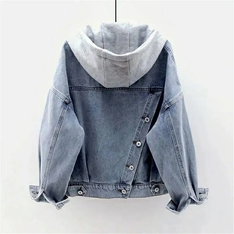 

Denim Female Student Korean Loose Short Long Sleeved Hooded Jacket Multi-Pocket Versatile Top Women Autumn Winter