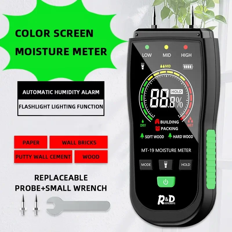 1PC MT19 Color Screen Wood Moisture Meter Wall & Paperboard Humidity Detector Cement Brick Moisture Content Tester No Battery