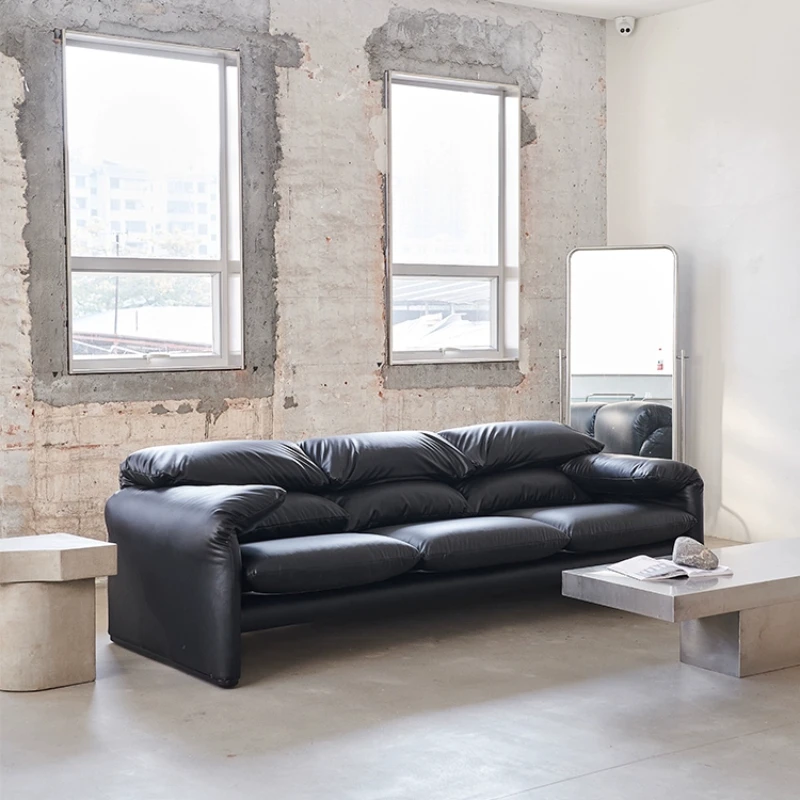 

Malalunga Italian style, minimalist small apartment, medieval living room, straight row leather sofa