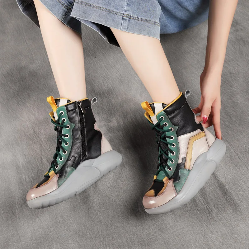 Autumn and Winter New  Colorblock  Zipper Sports Style Middle  First Layer Cowhide Casual Platform