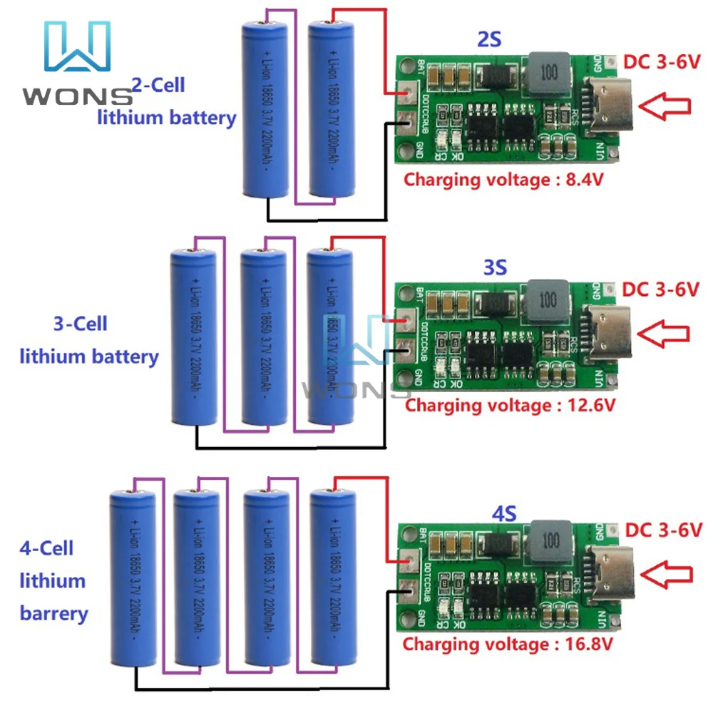 Multi-Cell 2S 3S 4S Type-C To 8.4V 12.6V 16.8V Step-Up Boost LiPo Polymer Li-Ion Charger 7.4V 11.1V 14.8V 18650 Lithium Battery