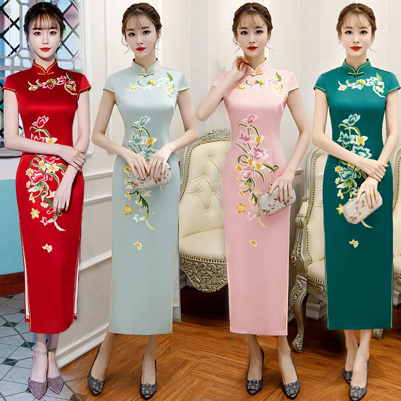 Sheng Coco Oriental Style Dresses Embroidered Scalded Long Cheongsam New Fashion Large Size Show Banquet Dressing Cheongsam