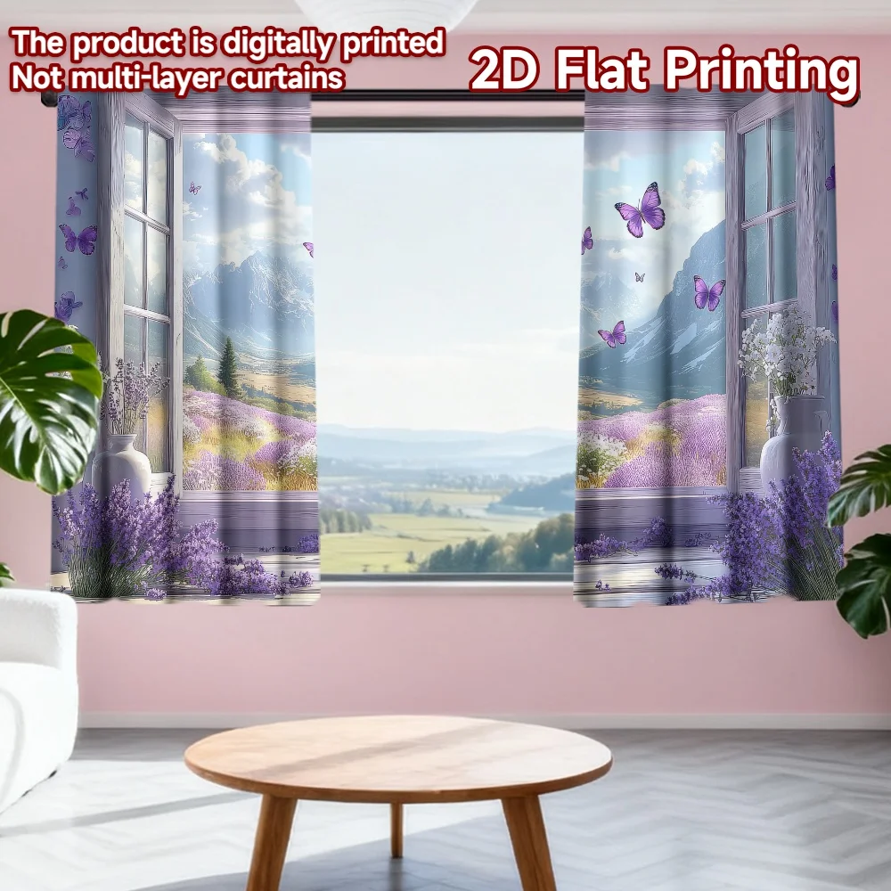 

2D flat printing 2pcs Window Curtains Spring Lavender Landscape Digital Printed Polyester Drapes Family Party Decoration Use for