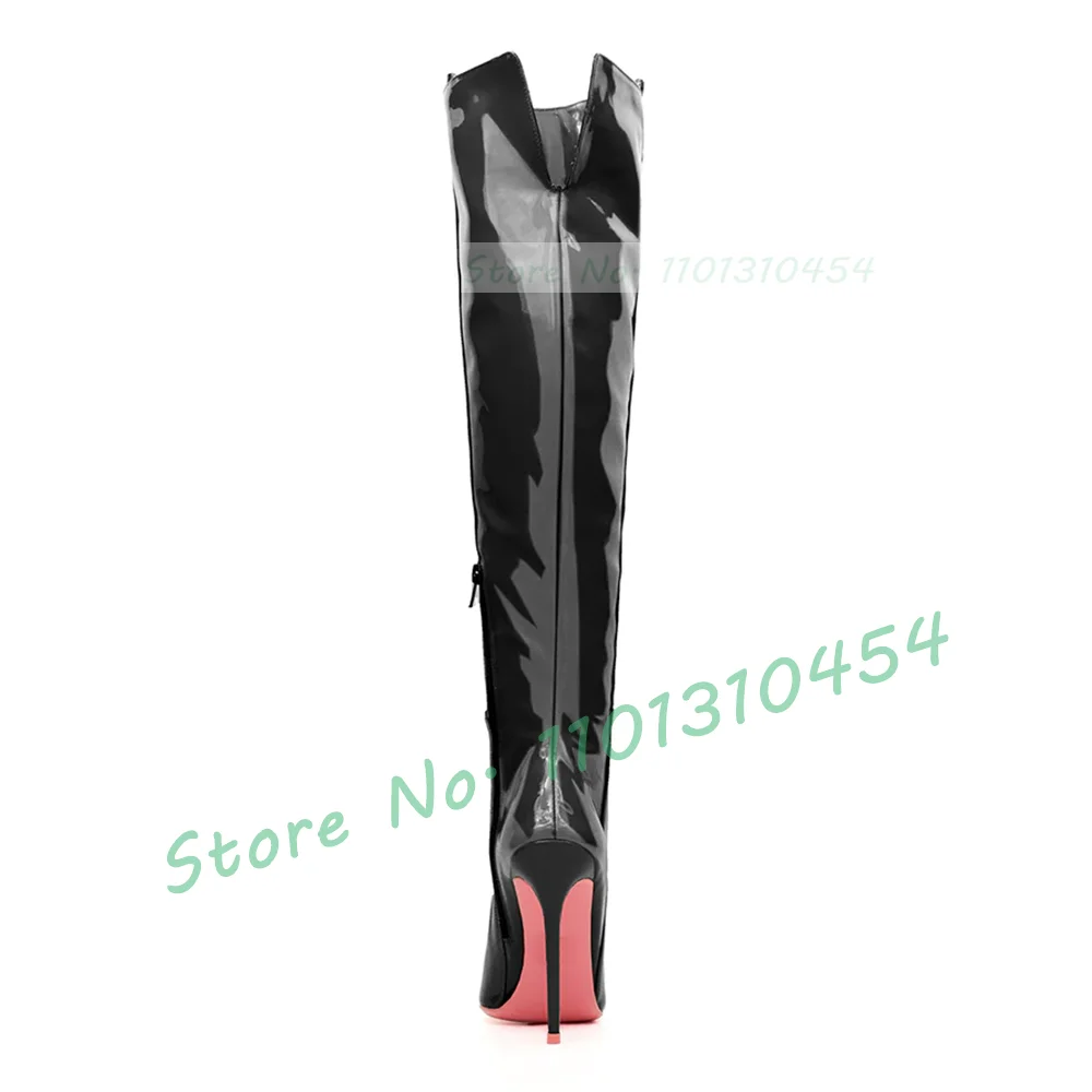 Pointy Cutout Pink Sole Long Boots Women Fashion Winter Patent Leather Leggy High Heels Boots Ladies Casual Sexy Chic Shoes