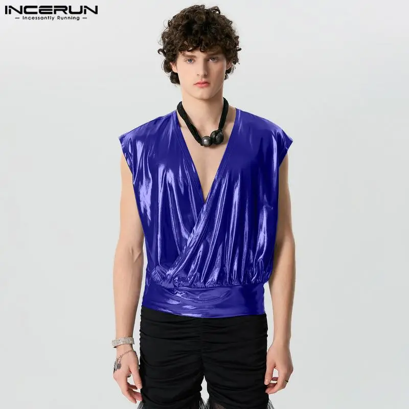 2024 Men Tank Tops Sparkling V Neck Sleeveless Casual Male Vests Streetwear Solid Summer Fashion Men\'s Clothing S-5XL INCERUN