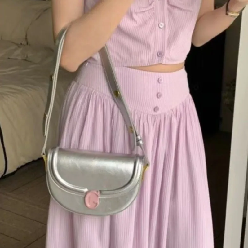 

Hot Girl Retro Silver Saddle Bag Women Contrast Pink Buckle Large Capacity Shoulder Bag Ladies Fashion Y2k Chic Underarm Bag New