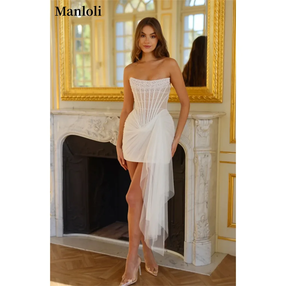 

Ivory Strapless Mini Short Wedding Dress Pearl Pleated Wedding Dress Asymmetrical Sleeveless Bridal Evening Gown custom