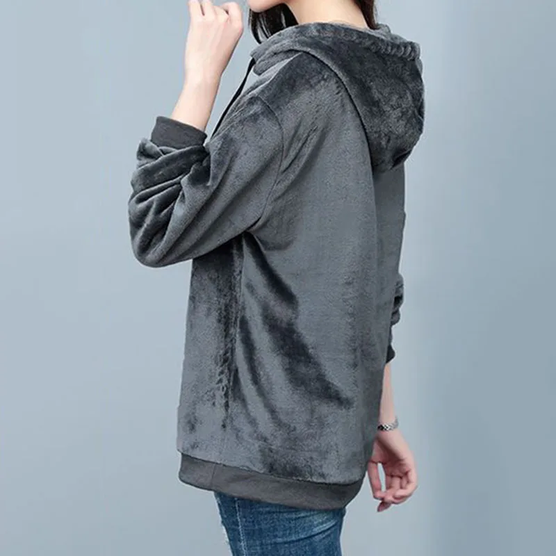 Winter Fall Velvet Hooded Plush Lined Oversize 80kg Hoodies Warm Woman Thick Sweatshirt Casual Loose Long Sleeve Pullovers