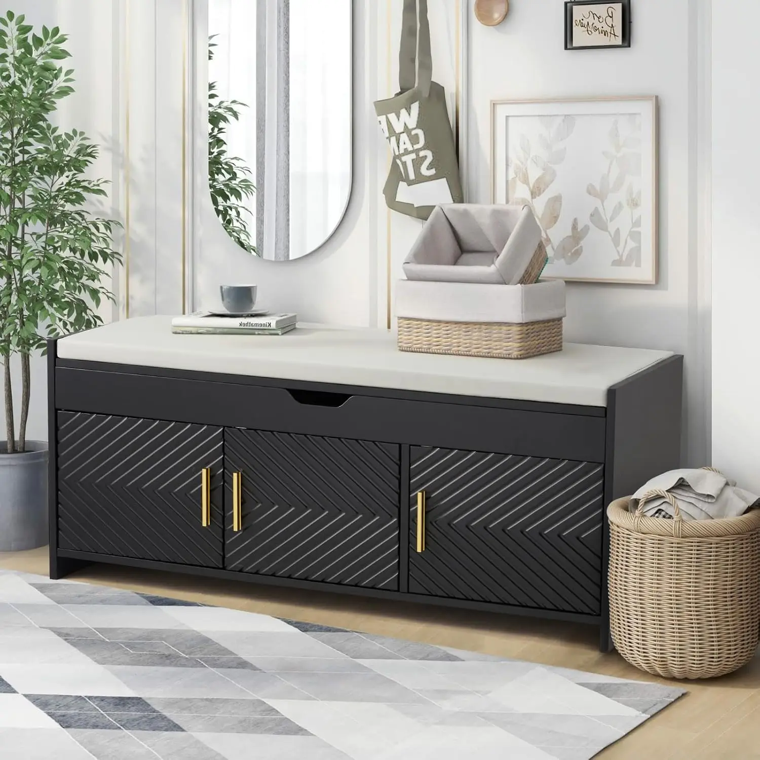 

Shoe Storage Bench, Shoe Bench with Lift Top Storage, Wooden Entryway Bench with Cushioned Seat, Customized