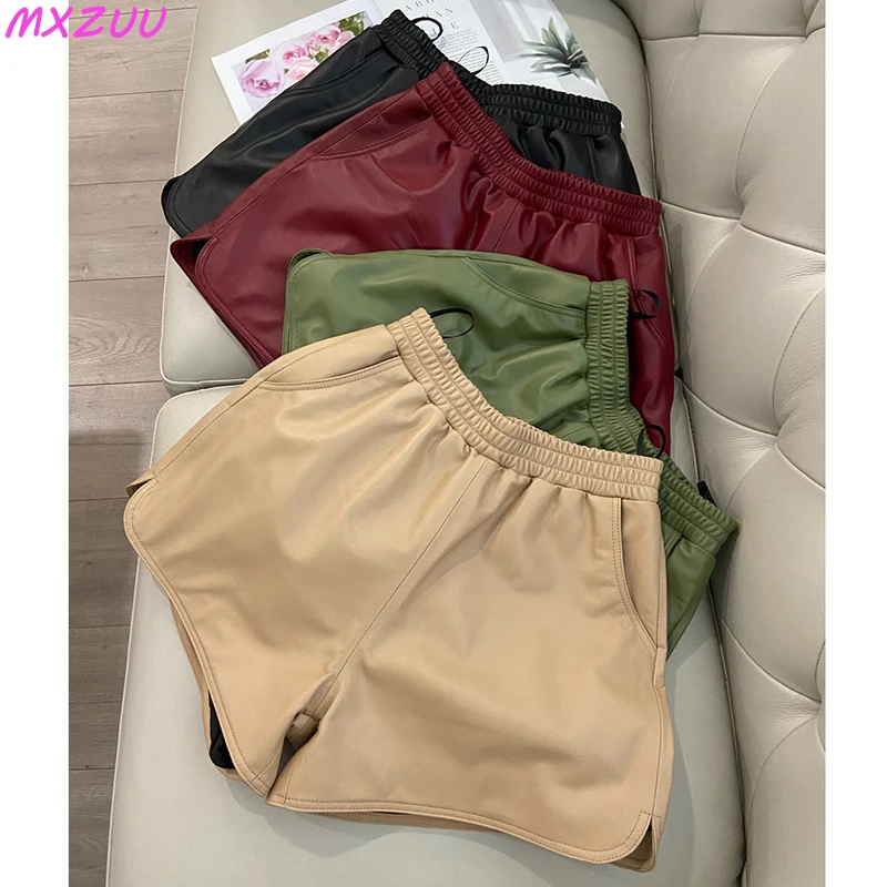 Elastic Waist Leather Shorts Women Sheepskin A Swing Slim Wide Leg Pants Korean Style Outer Wear Side Slit Pantalon Corto Mujer