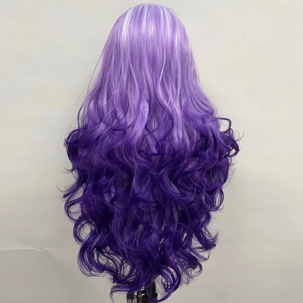 Peruca dianteira de renda sintética para mulheres, cabelo longo, ondulado, roxo, diário, cosplay, anime, fibra de alta temperatura, avaria, livre