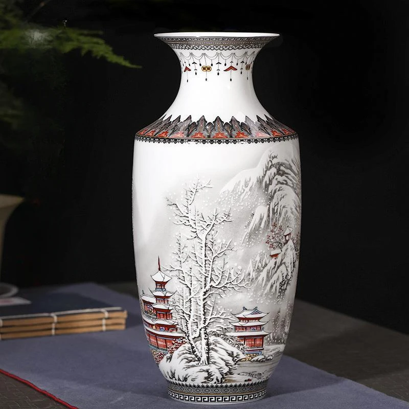 Antique Jingdezhen Ceramic Snow Flower Vase Vintage Desk Crafts Traditional Chinese Style Porcelain Decor Artistic