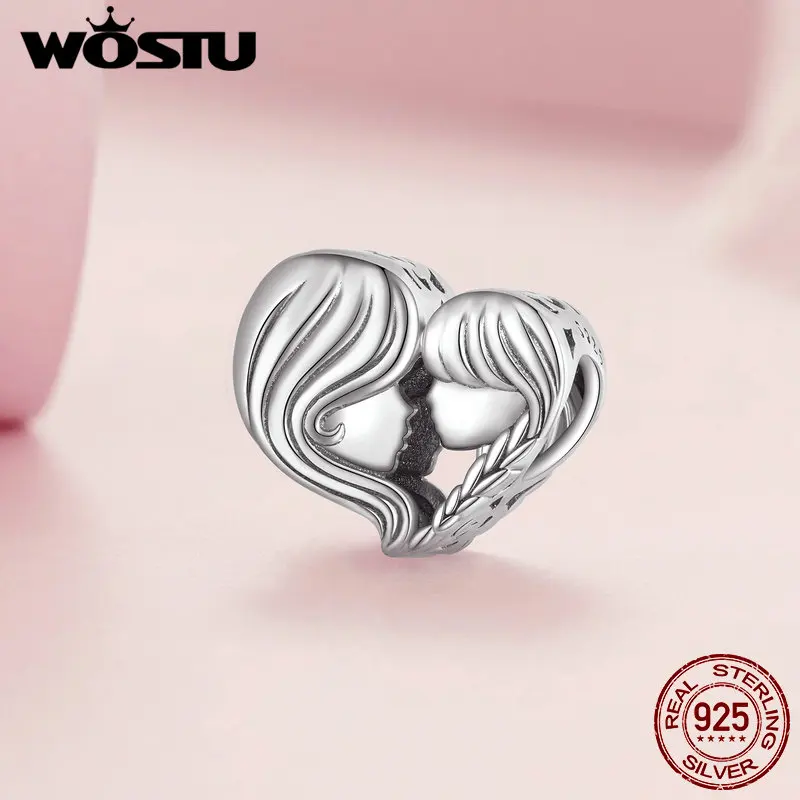 WOSTU 100% 925 Sterling Silver Heart Vintage Charms Beads Fit Original DIY Bracelets Necklace Mother\'s Day Jewelry Gifts for Mom