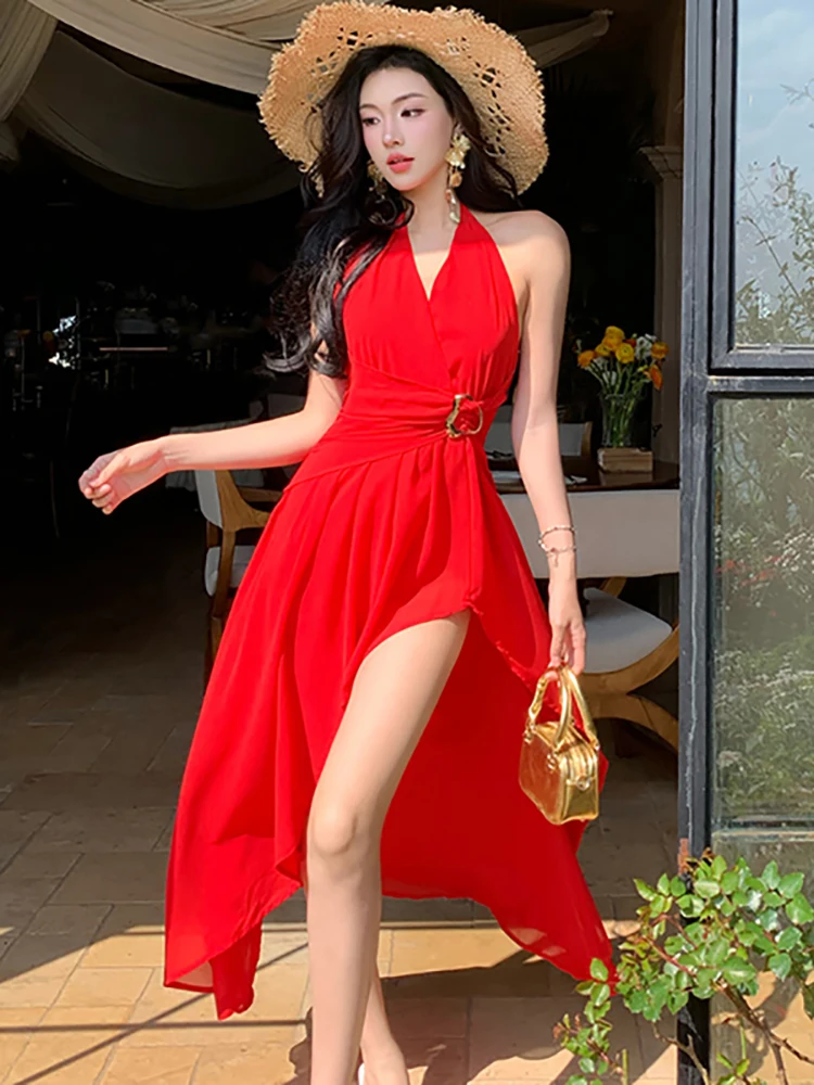 여성 레드 쉬폰 붕대 우아한 슬릿 롱 드레스 여름 패션 시크 넥 마운트 섹시 드레스 2025 한국 바디콘 럭셔리 드레스