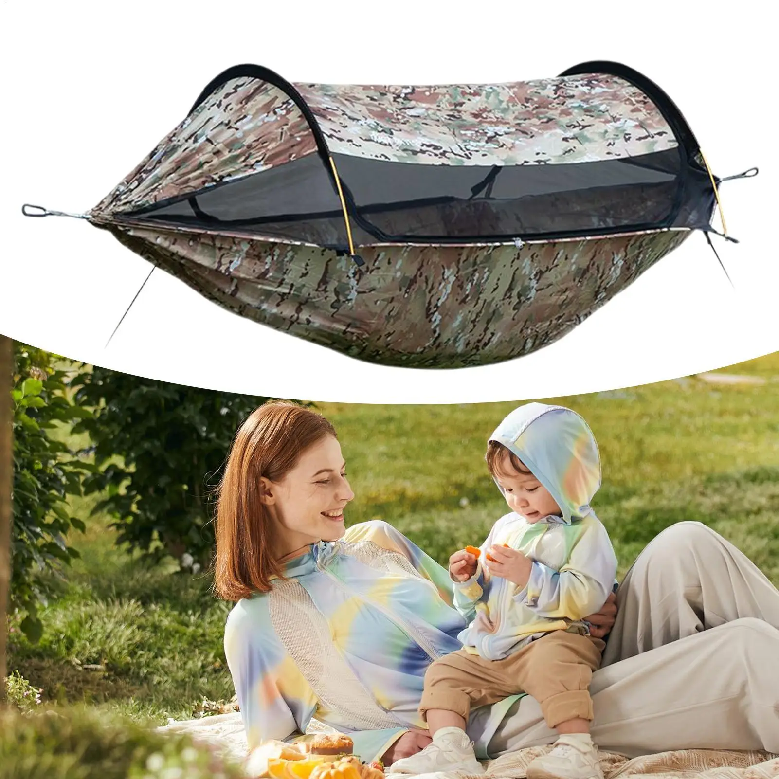 Hamaca para acampar, cama columpio doble individual portátil con red, equipo para exteriores, cama compacta para dormir con paracaídas para senderismo y mochilero