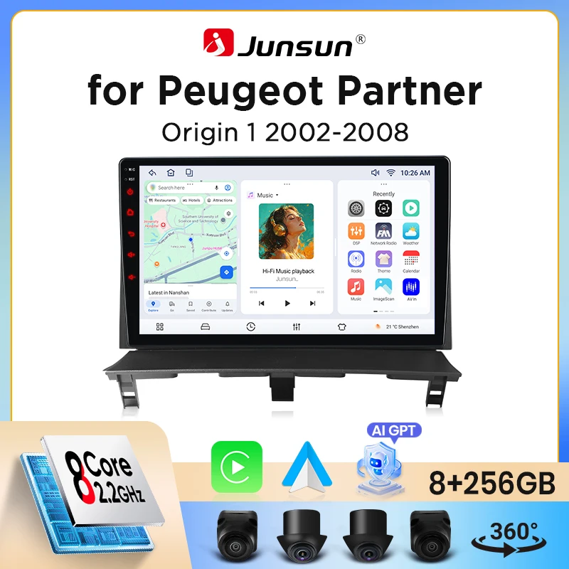 Autoradio sans fil Junsun CarPlay Android Auto pour Citroen Berlingo / Peugeot Partner (M49/M59) 2002-2008 avec ventilateur de refroidissement intégré, navigation GPS Android, lecteur multimédia, WiFi, DSP, RDS, BT, SWC, écran tactile IPS, autoradio, lecteur vidéo, unité principale, stéréo