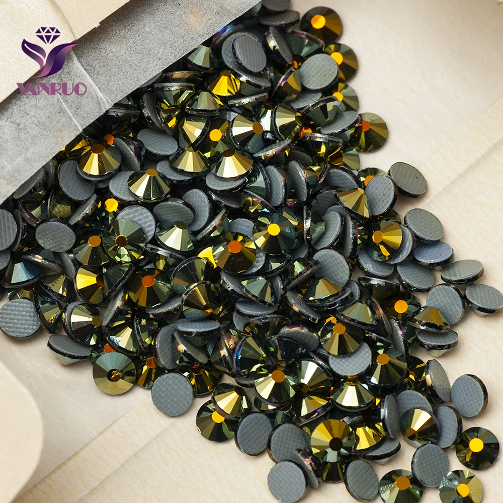 

YANRUO 2058HF Jet AB Black Gold Crystals Hotfix Strass Crystal Gems Rhinestones for Clothes Hot Fixation