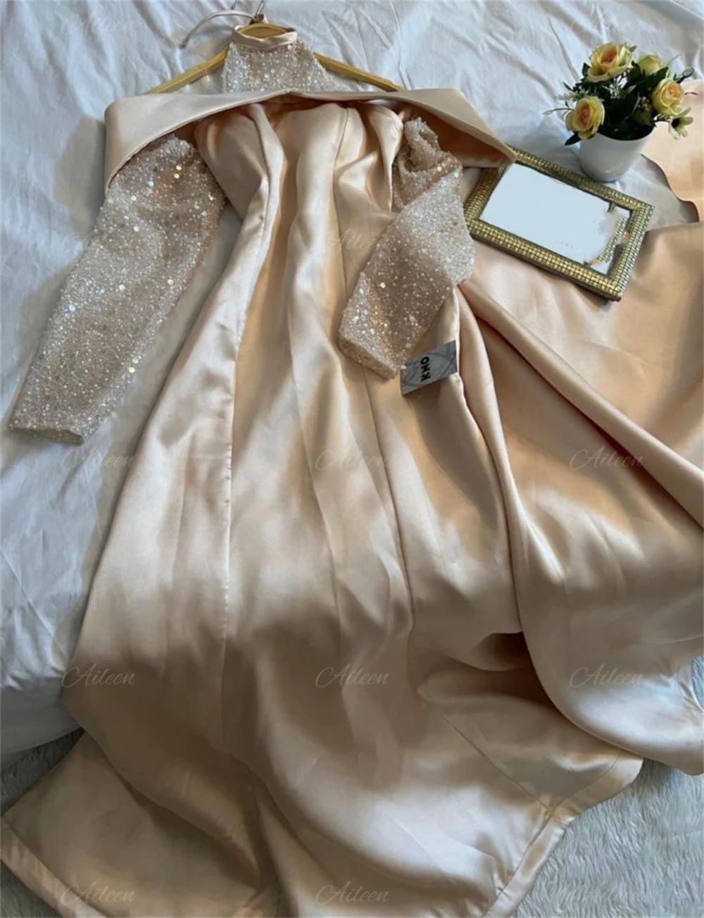 Long Sleeves Beads Satin Halter Neck Champagne Sharon Happy Evening Dresses for Women customized High Quality Luxury Dress Prom