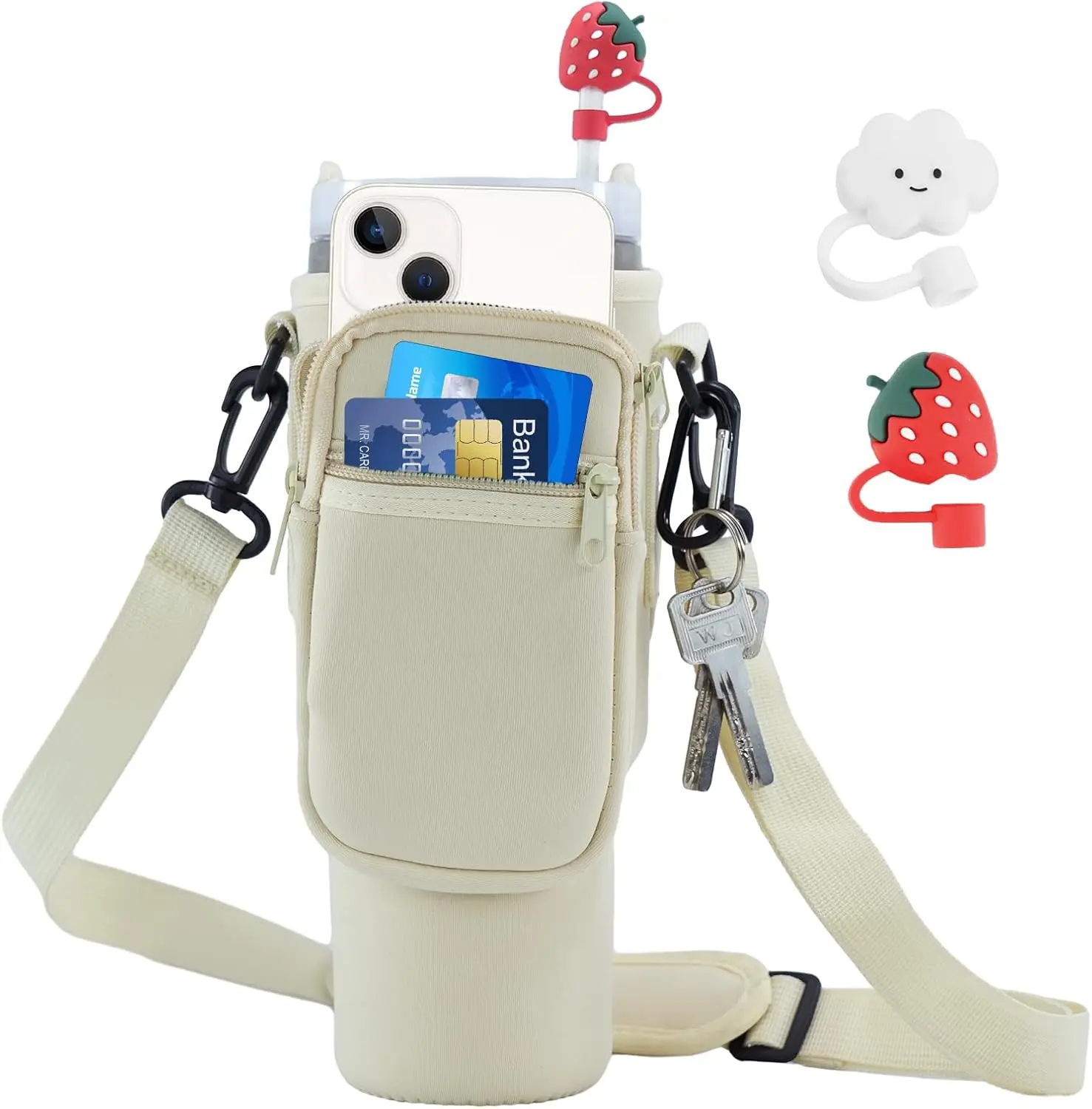 

Water Bottle Carrier Bag With Strawberry&Cloud Shape Straw Covers Compatible with Stanley 30 40oz Tumbler with Adjustable Should