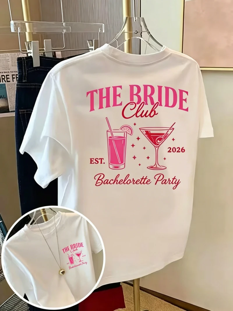 The Bride Club Print T-shirt Bachelorette Party Cocktail Graphic Short Sleeve Tops Women Casual Loose Streetwear Daily Wear Tee