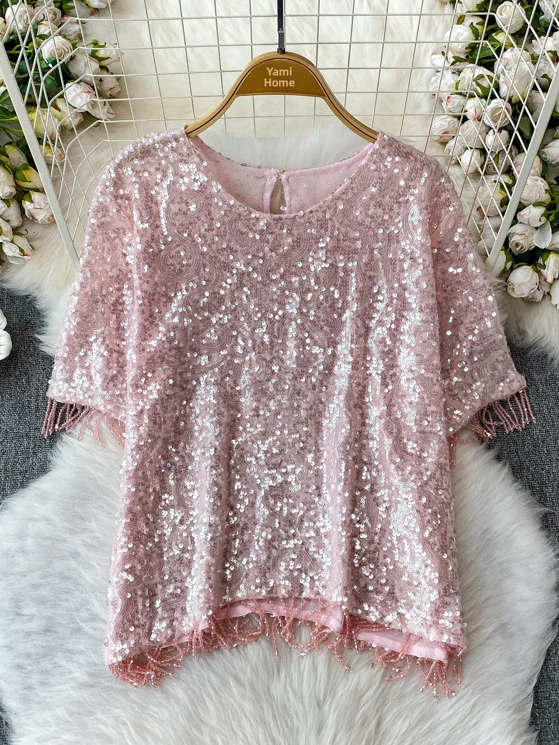 

High Quali Lightweight Luxury Sequin round Ne T-irt Women Summer Design Sense Fringe Loose Slimming Top Korean Sle