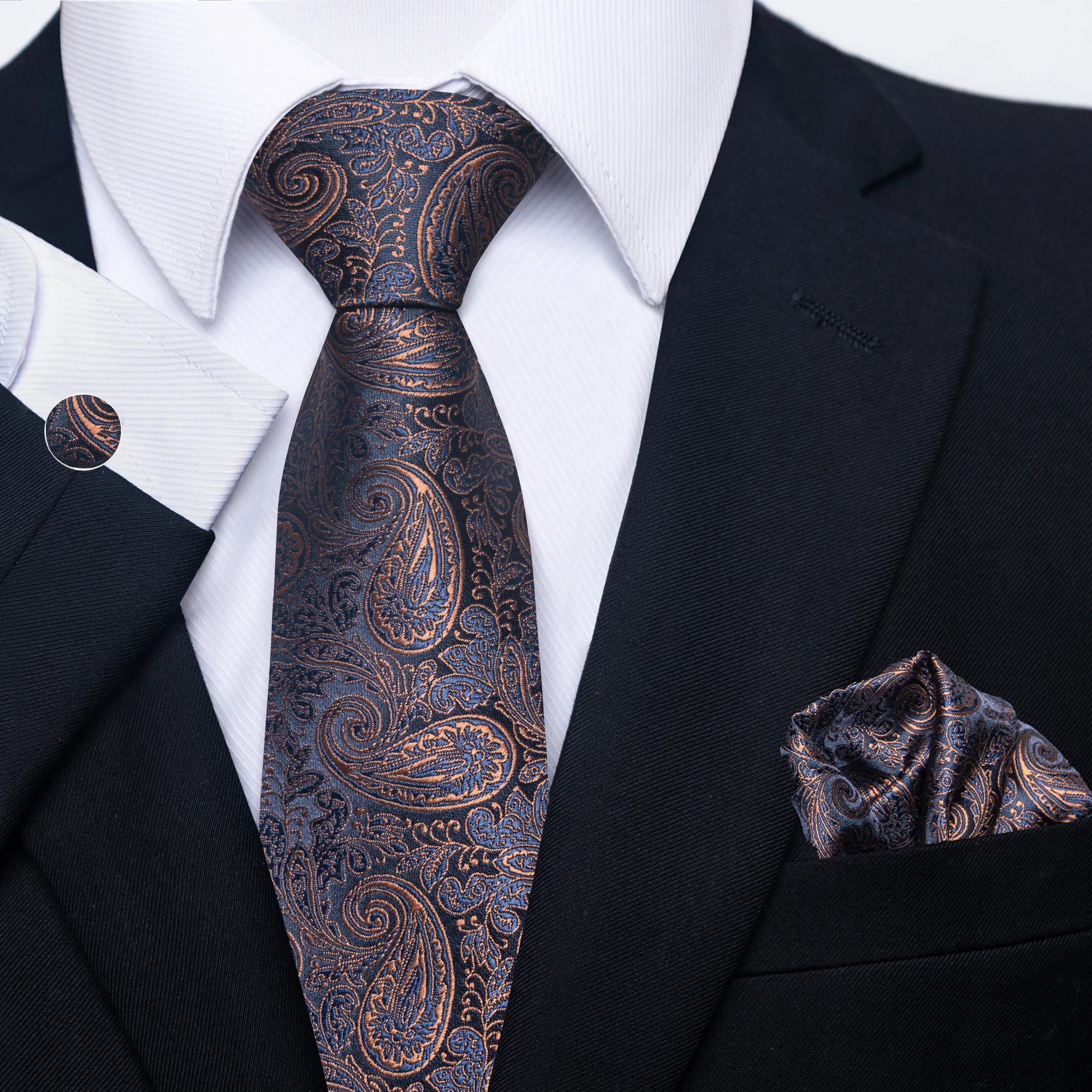 Bild 4: Herren-Paisley-Krawatte, 3-teiliges Set, inklusive Einstecktuch und Manschettenknöpfen, elegant und raffiniert, modisch und praktisch