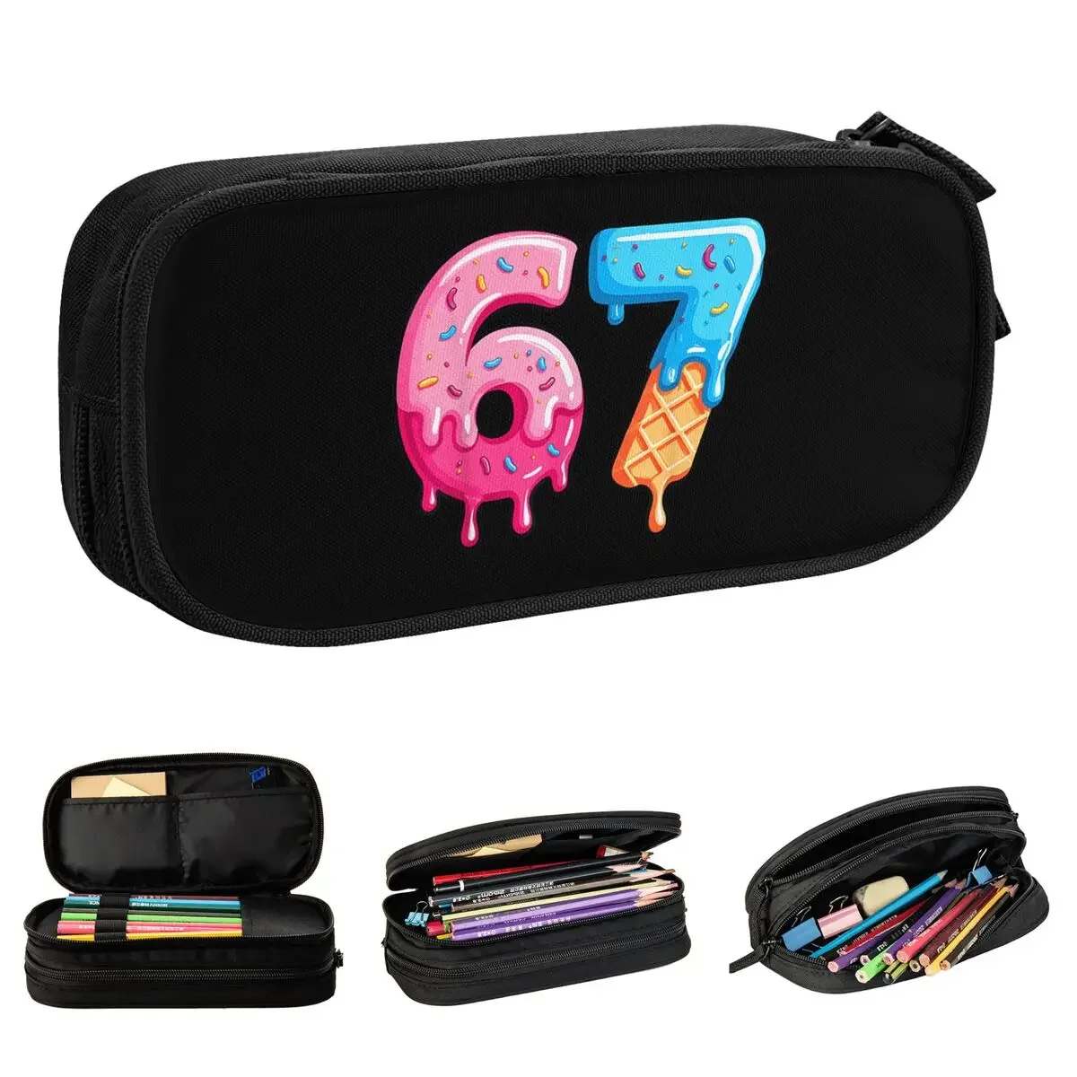 67 Ice Cream Drip Meme Funny Six Seven Pencil Cases Pen Bags Kids Large Storage School Supplies Zipper Pencilcases