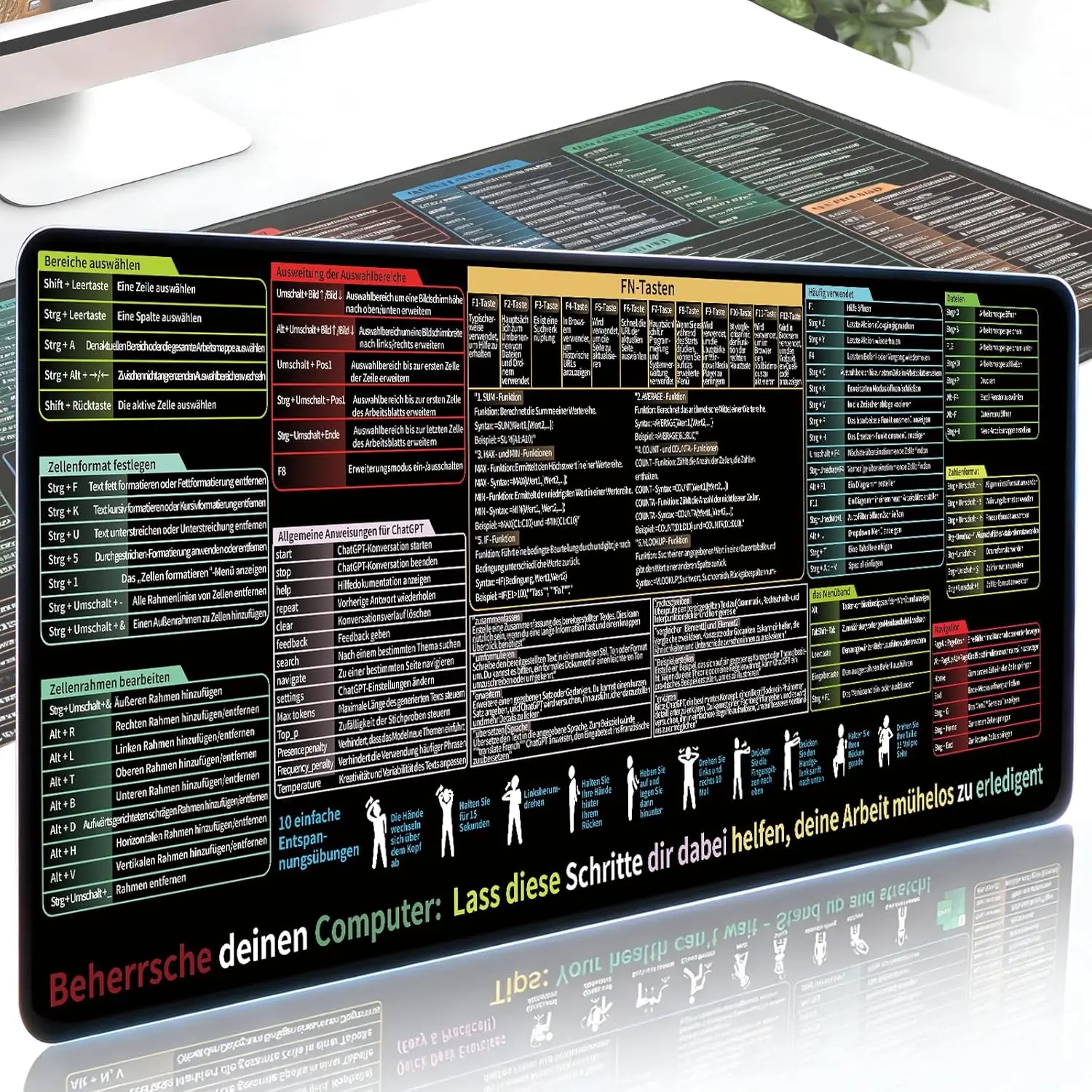 Alfombrilla de Ratón XXL para Escritorio con Atajos para Excel, Word, PPT y Windows, Alfombrilla Antideslizante para Oficina que Aumenta la Velocidad