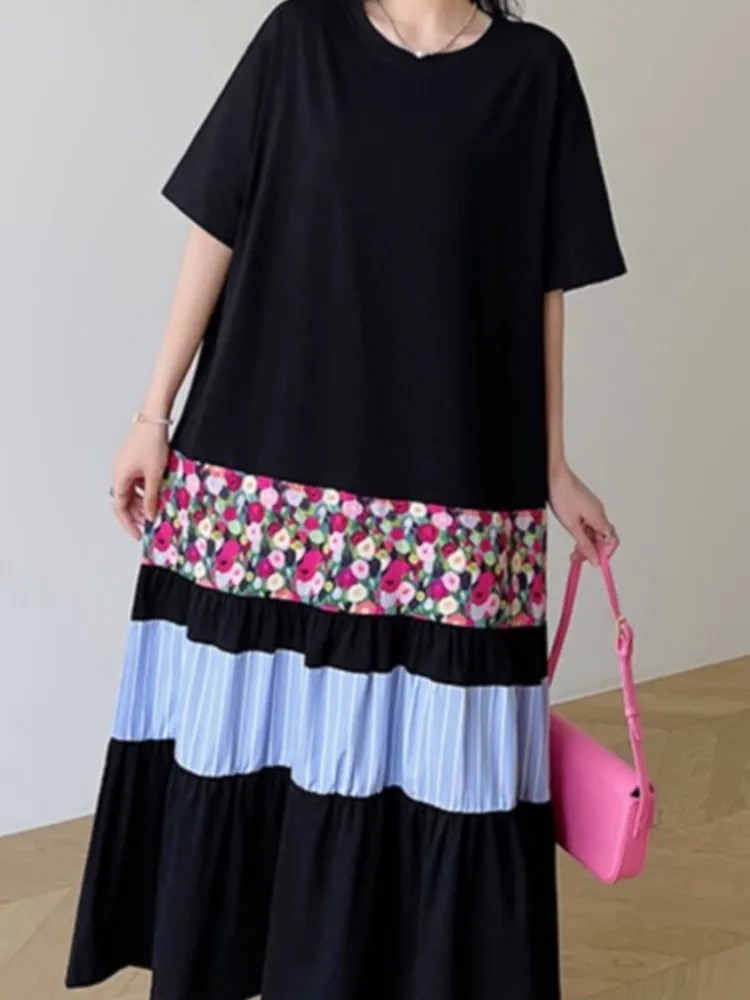 プラスサイズ サマー ミディアム丈 Aライン カジュアル Tシャツワンピース レディース ワンピース ルーズ パッチワーク 大きめ 半袖 レディース ドレス