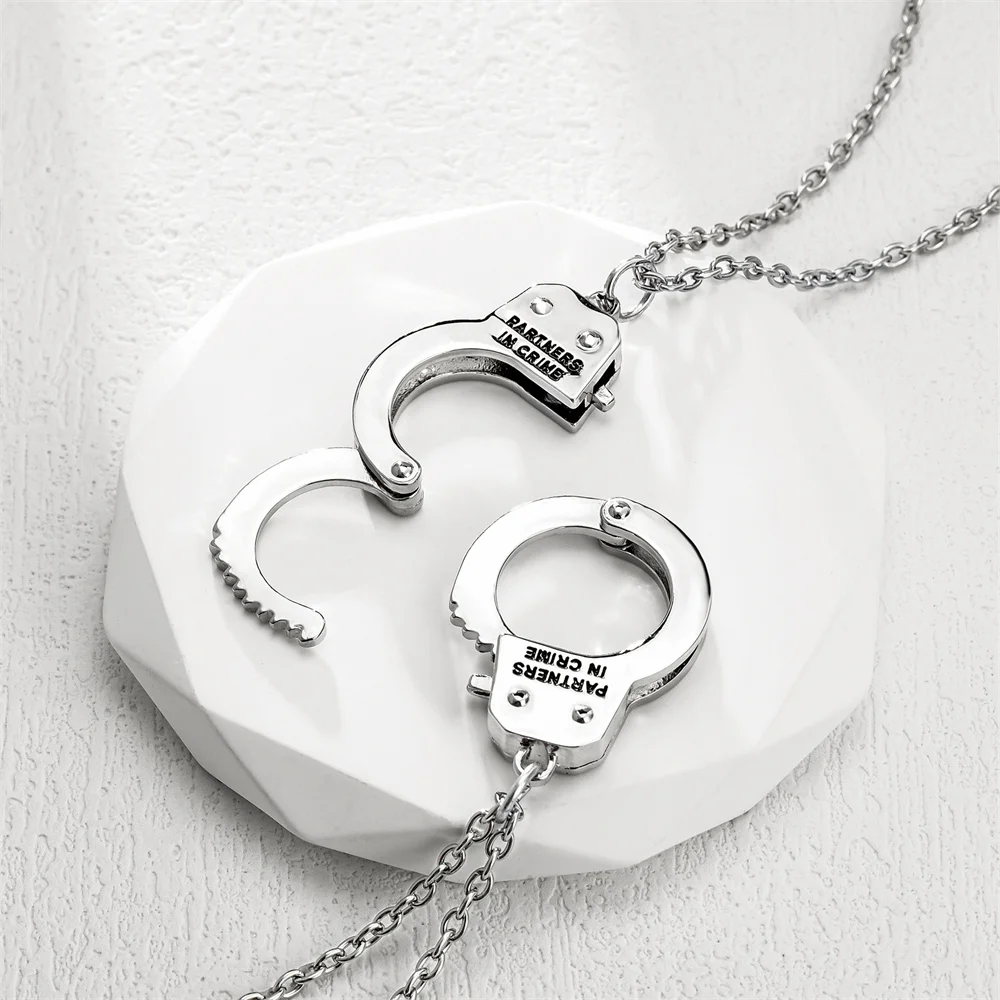 2Pcs FIFTY GREY Handcuffs Shape Pendant Necklace Fashion Collar Silver Plated Chain Necklace Jewelry Gift for Womon Men Friends