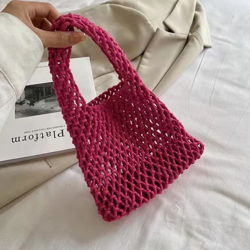 Summer Hand Woven Tote Bags Knitting Crochet Beach Shoulder Bag Hollow Out Handbag Ladies Knitting Straw Rope Underarm Bag