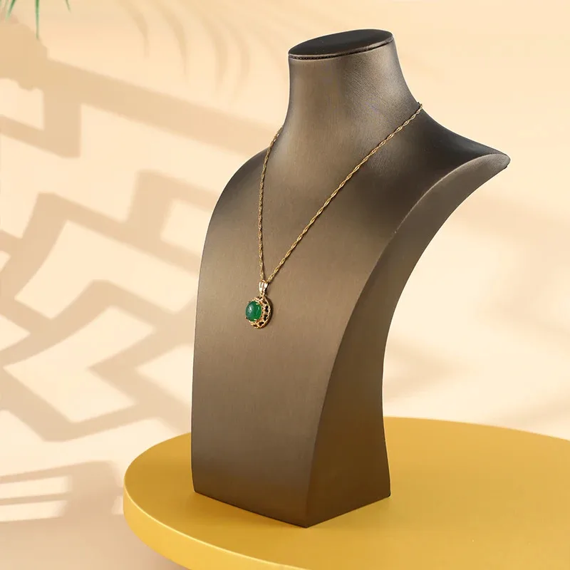 

Brown Leather Necklace Display Stand Tall Chain Pendant Organizer Jewellery Cabinet Mannequin Holder for Counter Or Bust