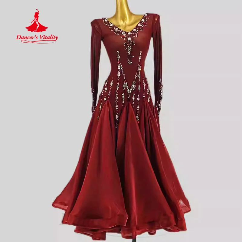 Modern Dancing Competition Wear Women Customized High-end Elegant Long Sleeved Dress Waltz Ballroom Dance Performance Costume