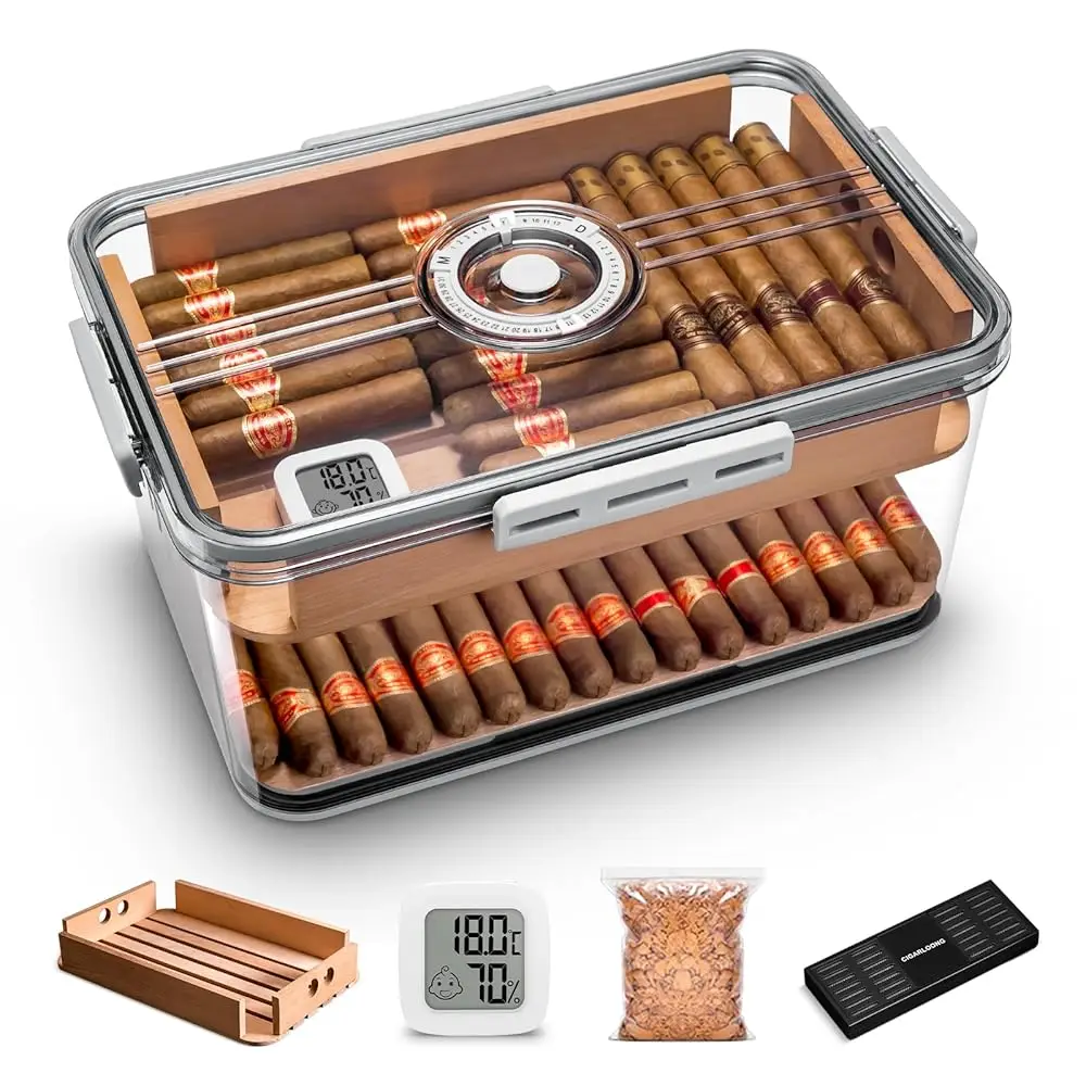 

Прозрачный акриловый хьюмидор для сигар с полкой из испанского кедра, коробка для хранения сигар с гигрометром и увлажнителем