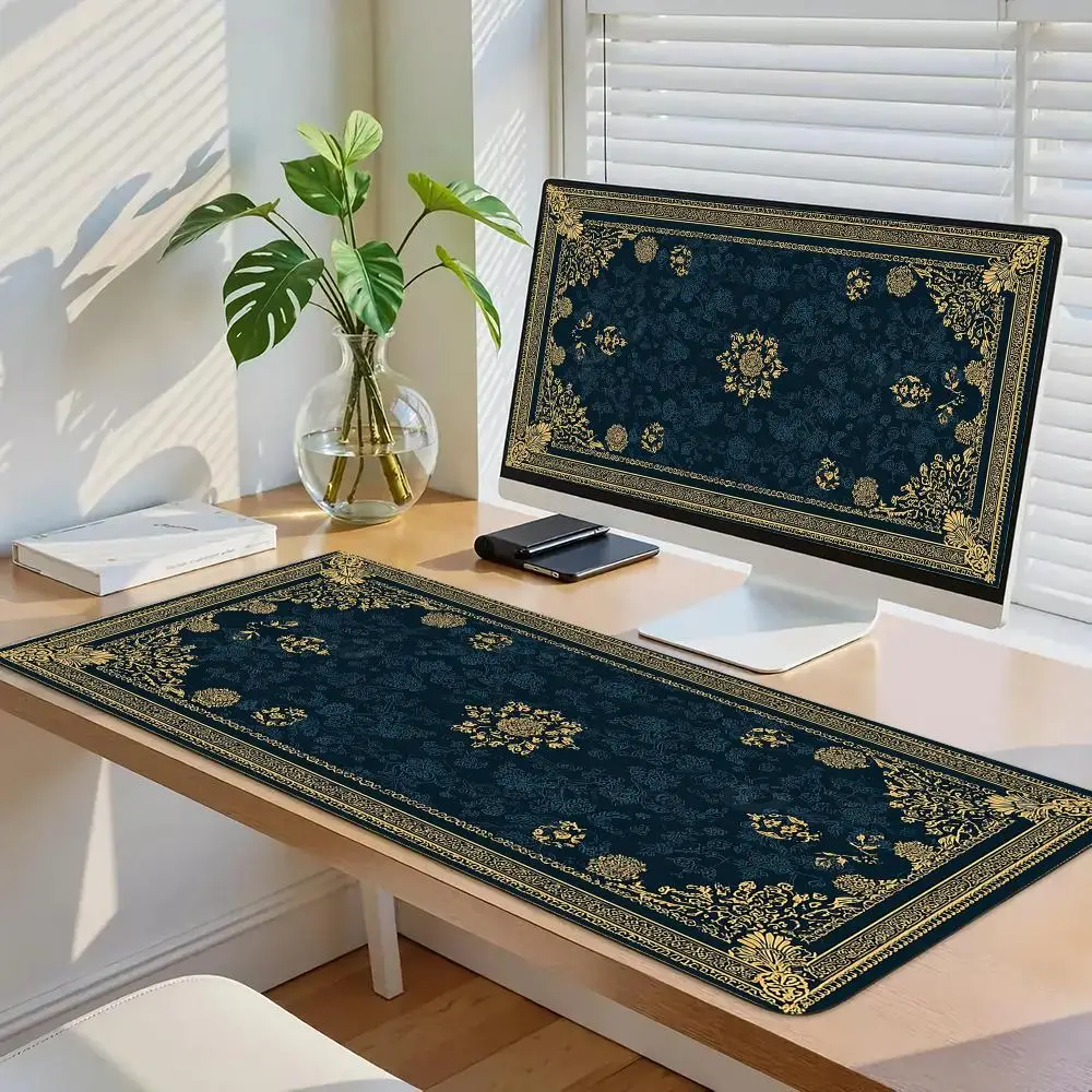 

Ретро синий большой коврик для мыши в персидском стиле, резиновые противоскользящие коврики для компьютерного рабочего стола, толстая клавиатура, аксессуары для ПК, дизайн с замком по краям