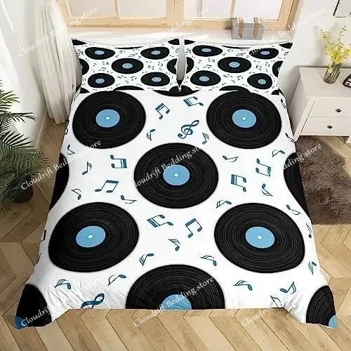 Musical Bedding Set Queen Size Music Theme Bedding Duvet Cover Set for Boys Decor Disc Comforter Cover Set Record Quilt Cover
