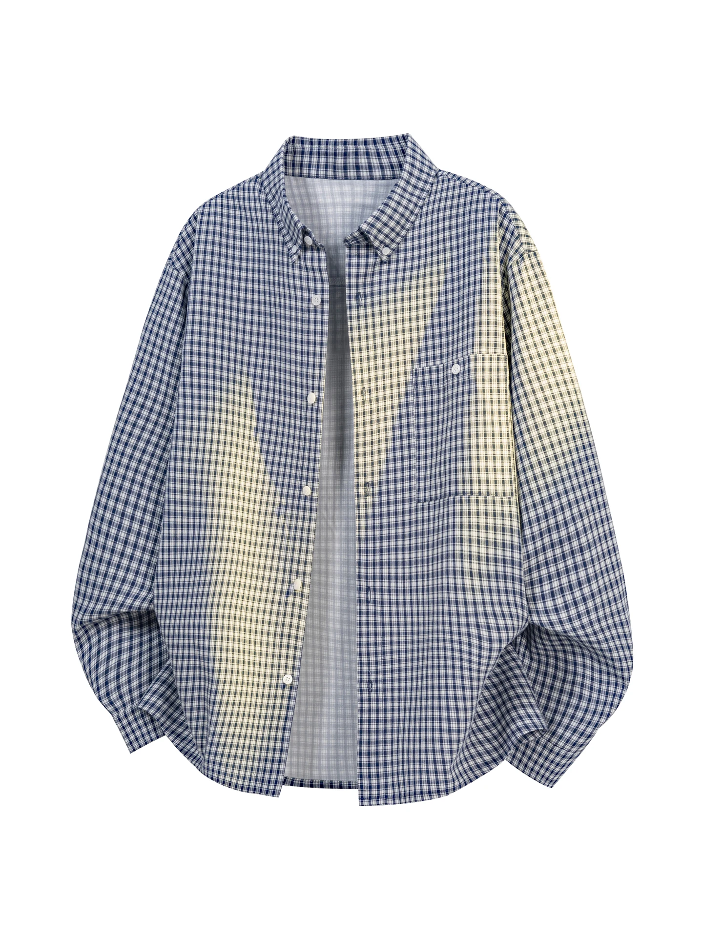 

Retro Blue Plaid Long Sleeve Men's Shirt Loose Fit Collar Open Cardigan Spring 2026 High End Feel Cotton Polyester Blend