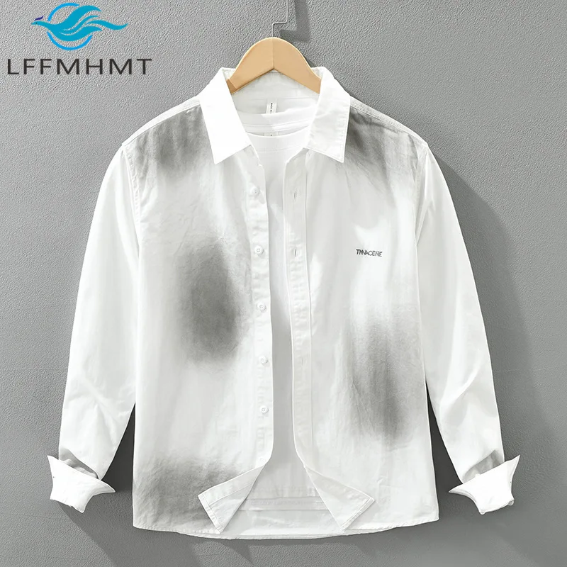 

7713 100% Cotton Good Quality Men's Long Sleeve Shirt Spring Autumn Fashion Japan Style Print Loose Casual Embroidery Blouse Top