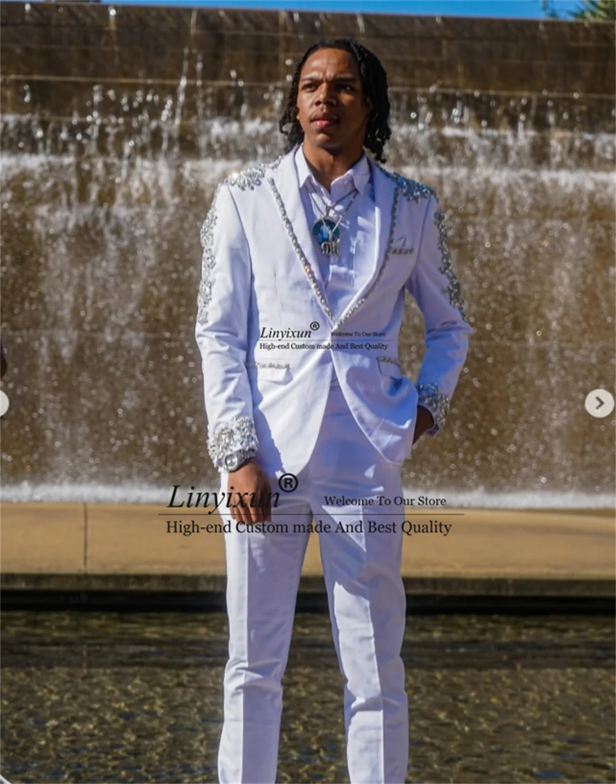 

Glitter Jewelry Ornament Men Suits Slim Fit Customized Wedding Groom Male Blazers 2 Pieces Sets Tuxedos trajes para hombre