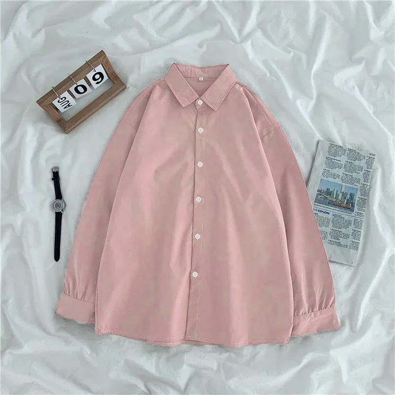 Casual Shirts Women Loose Solid Candy All-match Colors Single Breasted Tops Chic Long Sleeve Turn-down Collar Blouses Students