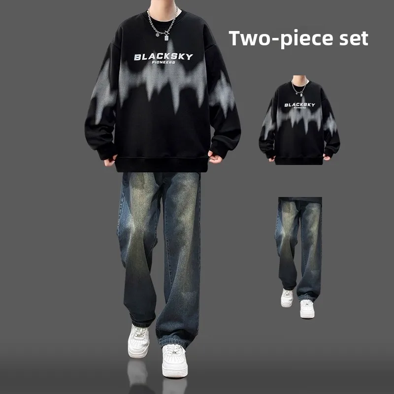 

adient round Ne Sweatirt Boys Spring Autumn Outerwear Casual Trendy Brand Set with Jeans Whole Set Youth Long Sve