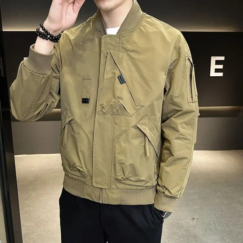 Workwear Casual Jacket Men's Spring Autumn New Cool Ruffian Flying Jacket  American Style Solid Color Baseball Coats Arm Pocket