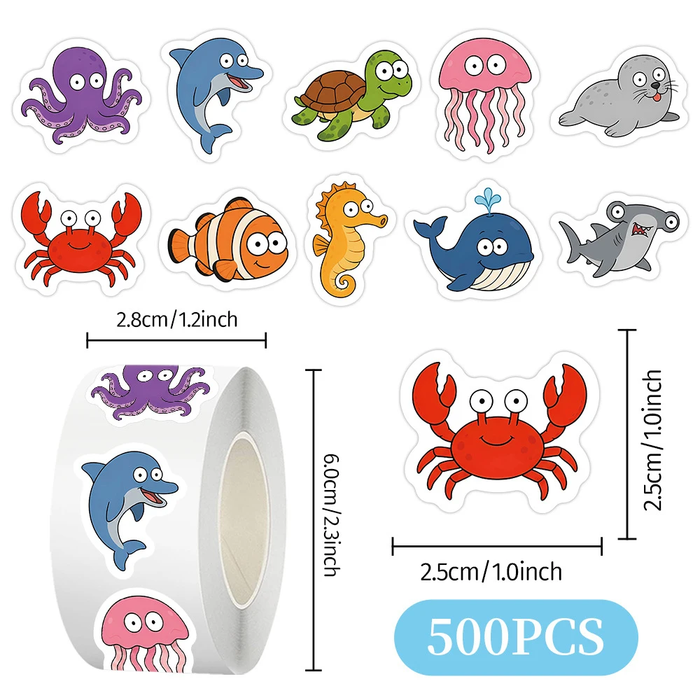 500pcs/Roll Cute＆Ugly Cartoon Marine Animals Stickers Funny Seafish Seal Label Decals Phone Helmet Decoration Sticker Reward Toy