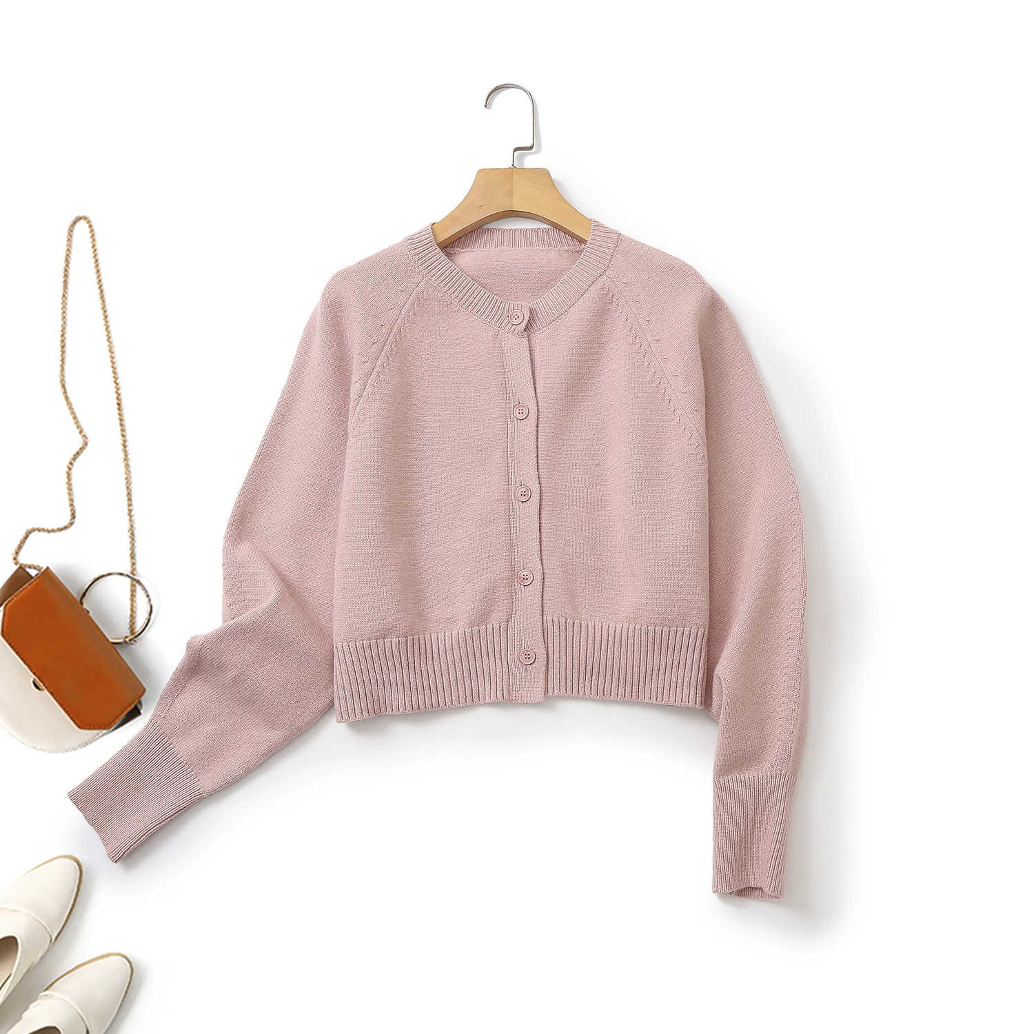 Ethereal  MD autumn new style of Women\'s casual standard short round neck cardigan pink long sleeves